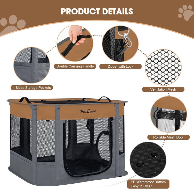 PetEase Portable 2-in-1 Dog Crate playpen, Outdoor Cat Playpen with Litter Box Area for Indoor Cats Enclosed Rabbit Puppy Hamster, Indoor/Outdoor Cats Enclosure Cages Tent Tent (Brown) - Image 5