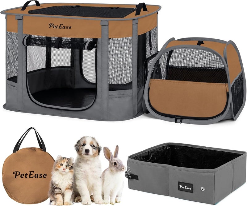 PetEase Portable 2-in-1 Dog Crate playpen, Outdoor Cat Playpen with Litter Box Area for Indoor Cats Enclosed Rabbit Puppy Hamster, Indoor/Outdoor Cats Enclosure Cages Tent Tent (Brown) - Image 1