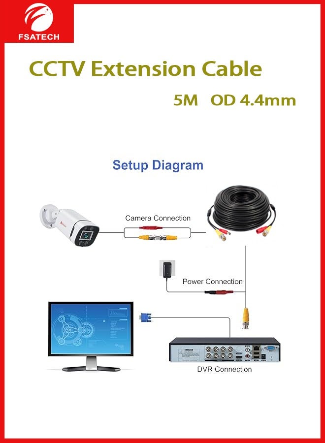 FSATECH 5m BNC Cable All-in-One Combo Video and Power Security Camera Cable Extension Wire Cord with 2 Connectors for All Max 8MP HD CCTV DVR Surveillance System ,outer diameter 4.4mm, 5M - Image 3