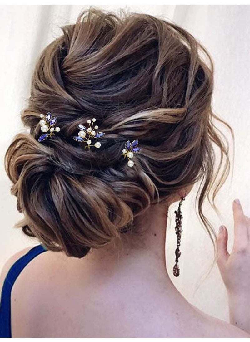 Latious - Latious Bride Wedding Hair Pins Pearl Bridal Hair Piece Blue Crystal Hair Clips Rhinestones Hair Accessories for Women and Girls Pack of 3 UGold - Image 1
