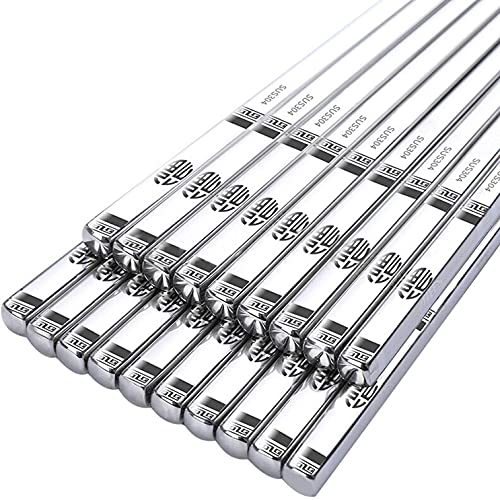 RIANZ Reusable Stainless Steel Chopsticks Dishwasher Safe Square Lightweight Non-Slip Chop Sticks - Silver (10 Pair) - Image 1