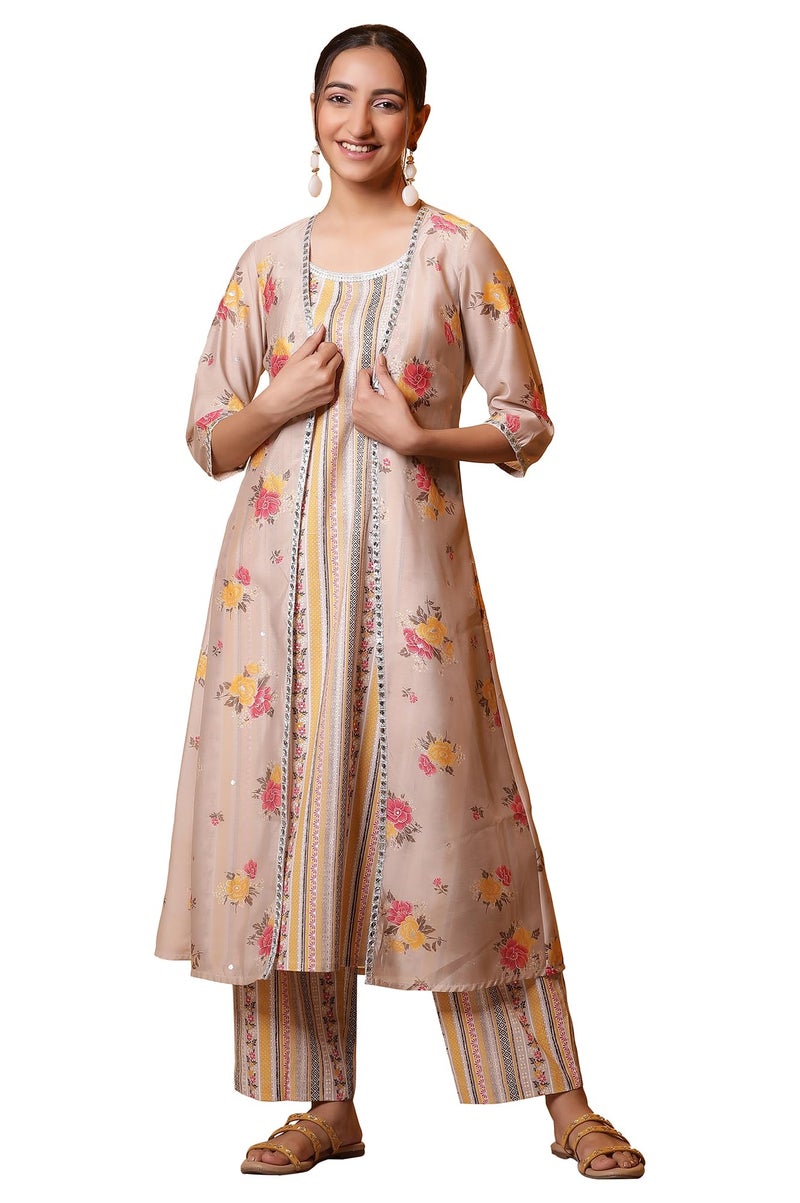 Aurelia Women Rayon Printed Kurta Set (24FEAS15130_Beige, Medium - Image 1