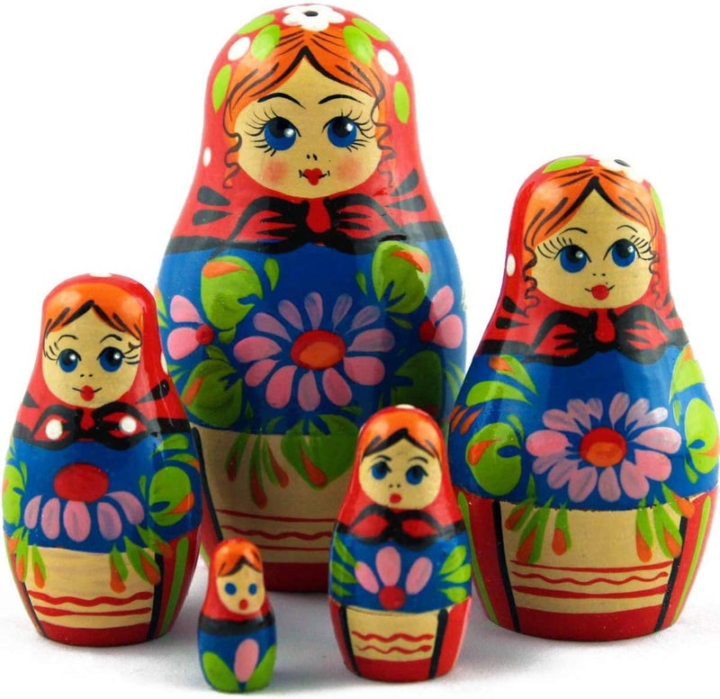 MATRYOSHKA&HANDICRAFT Nesting Dolls Classic Russian Ornament and Beautiful Chrysanthemum Set 5 pcs - Image 1