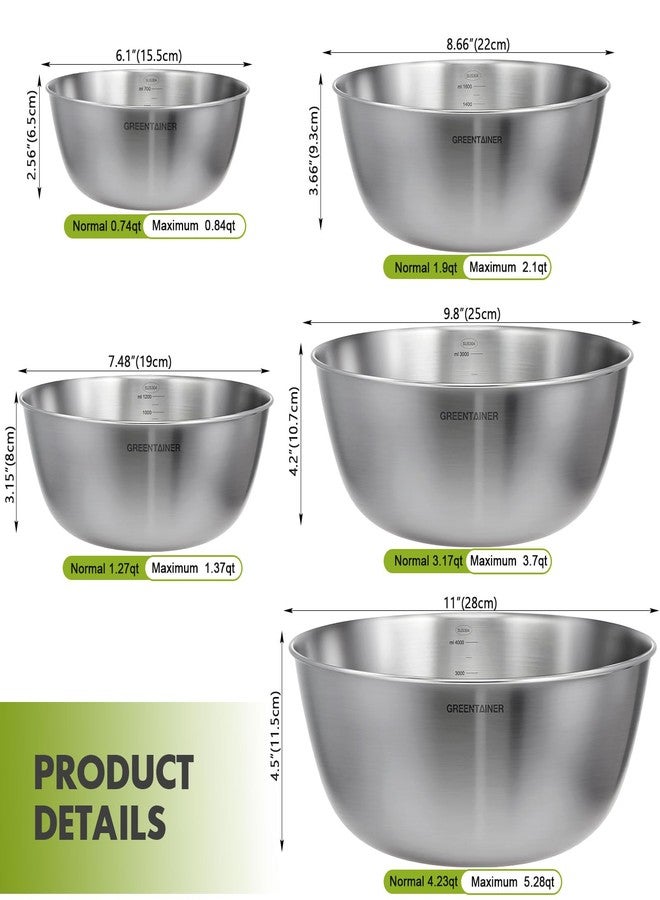 Greentainer 5-Piece Stainless Steel Mixing Bowls Set for Kitchen, Nesting Bowls for Mixing, Baking, Prepping, Cooking and Serving Food, Metal Mixing Bowls Dishwasher Safe - Image 2