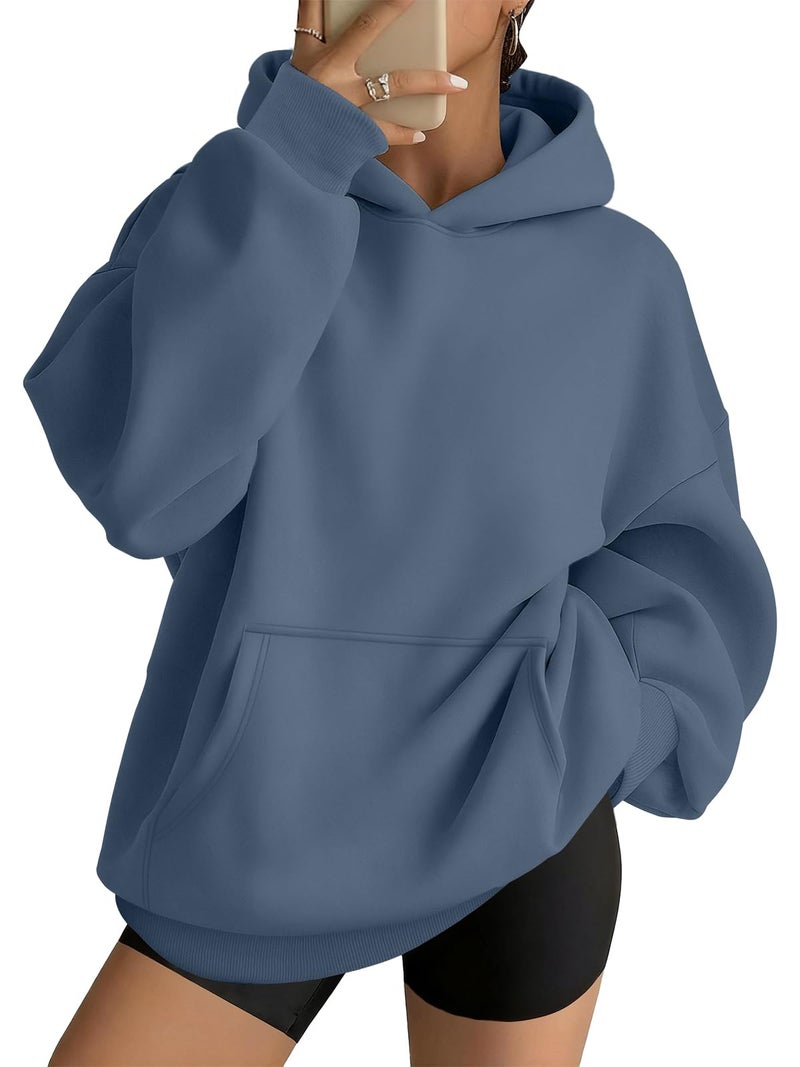 AUTOMET Womens Oversized Hoodies Fleece Trendy Sweatshirts 2026 Pullover Grey Blue L - Image 1