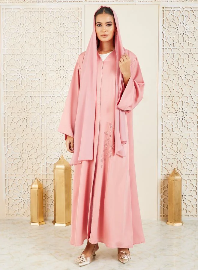 Modiste Floral Beaded Embellished Button Closure Abaya by Styli