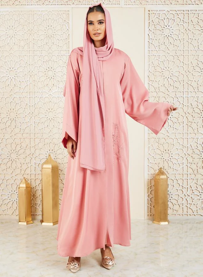 Modiste Floral Beaded Embellished Button Closure Abaya by Styli