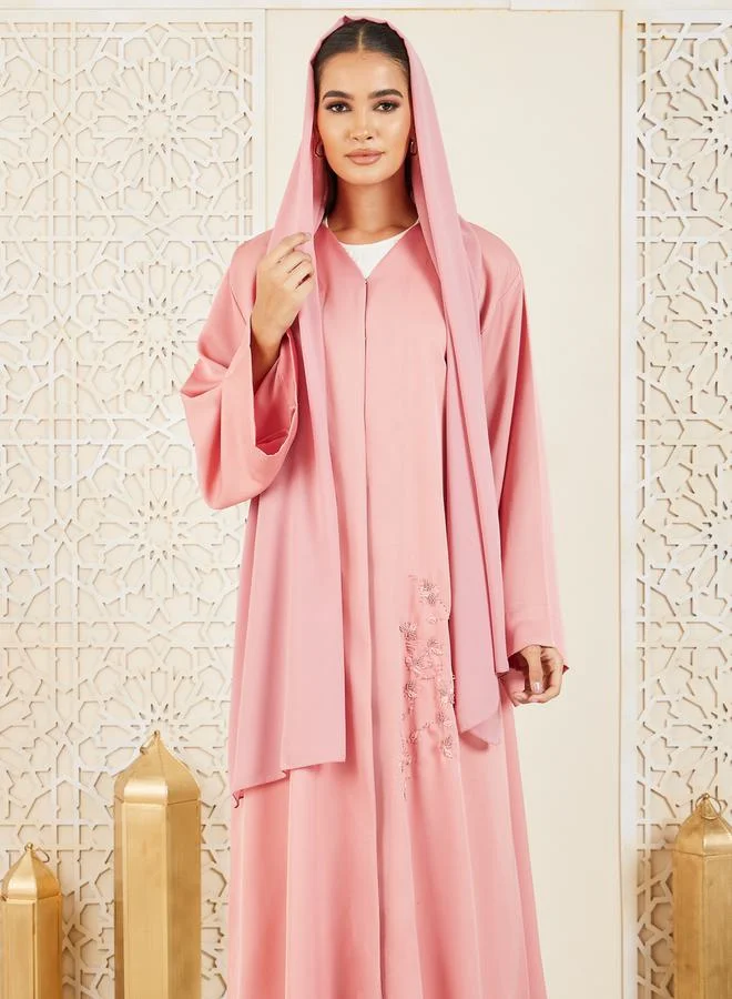 Modiste Floral Beaded Embellished Button Closure Abaya by Styli