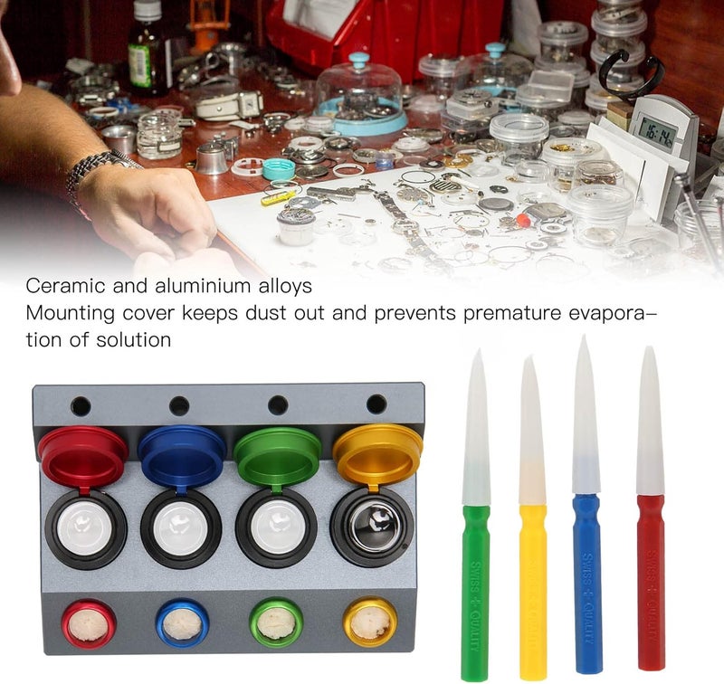 klarako 4 Hole Watch Oil Dip Tool, Watchmakers Oil Cup Holders Ceramic Aluminum Alloy 4pcs Oil Dish Watch Oiler Repair Set with Oil Pen for Watch Repairing - Image 2