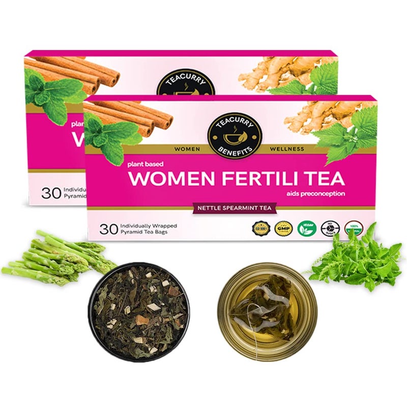 TEACURRY Women Support Tea - 2 Months, 60 Teabags- Spearmint, Asparagus, Shatavari, Nettle - Helps with Hormonal Balance, Tubal Blockage, Fibroids and Menopause (60 Tea Bags | 2 Month Pack) - Image 1