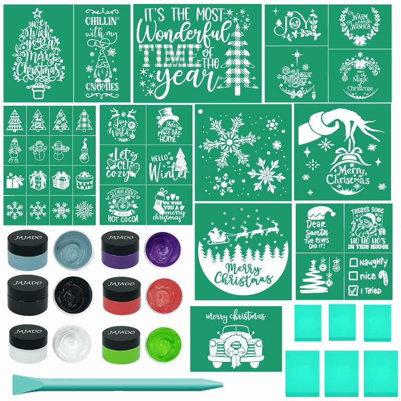 JAJADO Silk Screen Stencils Christmas Chalk Paste Starter Kits 23 Pcs Adhesive Screen Printing Stencils Mesh Transfers Chalk Paint for Craft Christmas Stencils Painting on Wood DIY TShirt Gift Card