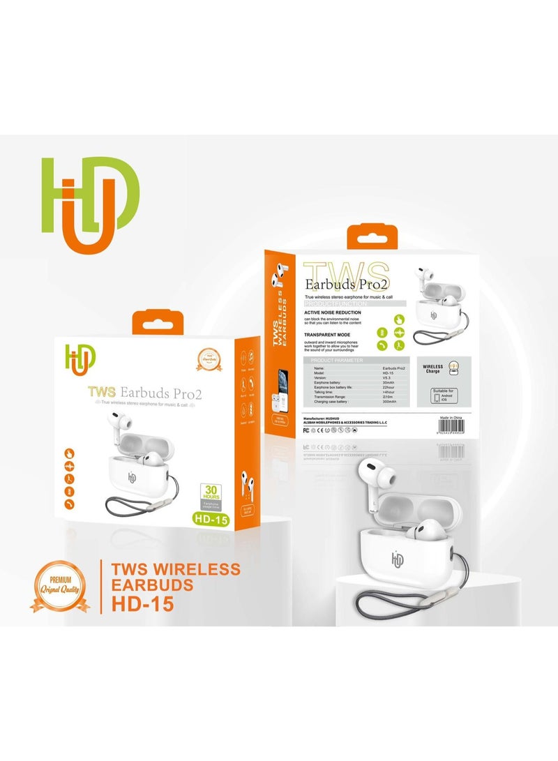 HD-15 TWS Wireless Earbuds Pro2 with Active Noise Reduction & Transparent Mode, Bluetooth 5.3, 30 Hours Battery Life, Wireless Charging, Premium Sound for Music & Calls