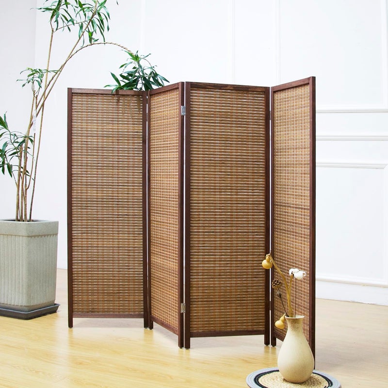 Furnnylane 4 Panel Short Room Divider Screen,Brown Freestanding Partition,Small Bamboo Panel Divider for Room Seperation,3.95 FT Tall - Image 1