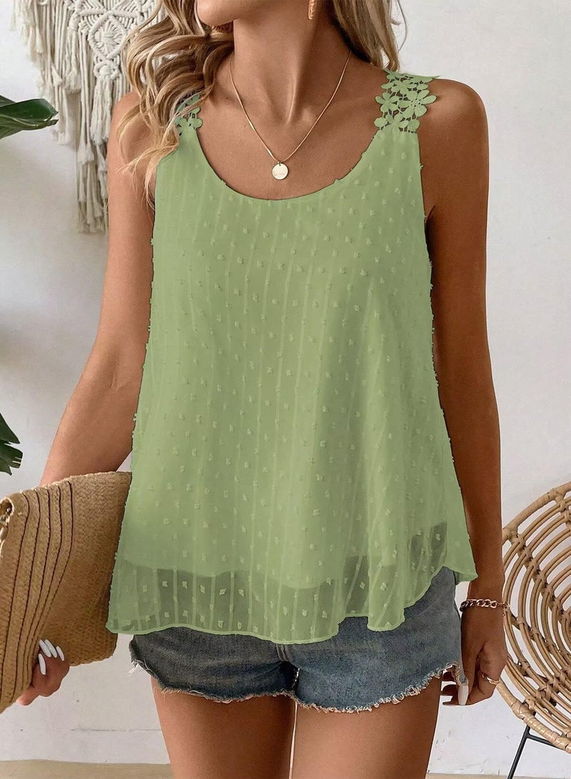 Falechay Womens Summer Tops Flowy Square Neck Hook Flower Casual Holiday Boho Tank Top for Women Light Green Dressy Casual Swiss Dot Cute Shirts Spring Eyelet Top Clothes L - Image 2