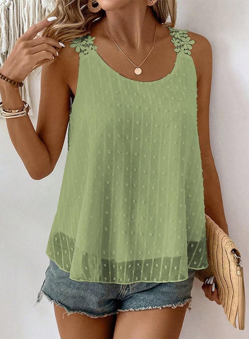 Falechay Womens Summer Tops Flowy Square Neck Hook Flower Casual Holiday Boho Tank Top for Women Light Green Dressy Casual Swiss Dot Cute Shirts Spring Eyelet Top Clothes L - Image 4