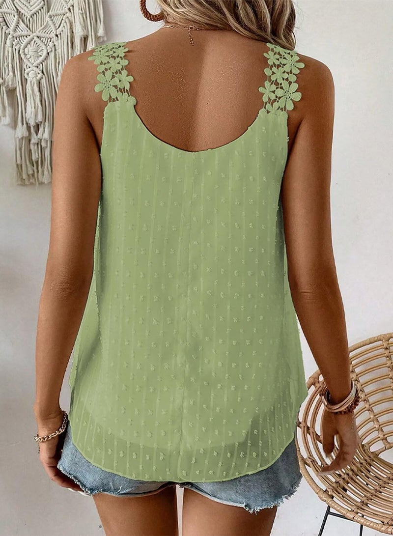 Falechay Womens Summer Tops Flowy Square Neck Hook Flower Casual Holiday Boho Tank Top for Women Light Green Dressy Casual Swiss Dot Cute Shirts Spring Eyelet Top Clothes L - Image 3
