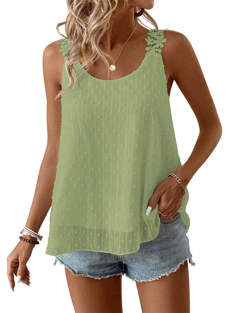 Falechay Womens Summer Tops Flowy Square Neck Hook Flower Casual Holiday Boho Tank Top for Women Light Green Dressy Casual Swiss Dot Cute Shirts Spring Eyelet Top Clothes L - Image 1