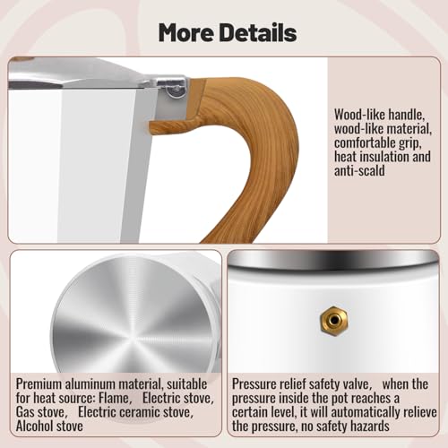 Vaolvpant 9 Cup Aluminum Moka Pot Classic Stovetop Espresso Coffee Maker 450ml 15oz Coffeemaker Percolator Mocha Express Preferred Cafe Makers for Italian and Cuban Café Brewing White - Image 5