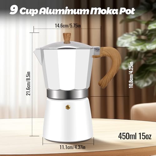 Vaolvpant 9 Cup Aluminum Moka Pot Classic Stovetop Espresso Coffee Maker 450ml 15oz Coffeemaker Percolator Mocha Express Preferred Cafe Makers for Italian and Cuban Café Brewing White - Image 2
