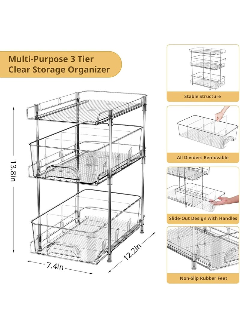 U-HOOME 3-Tier Bathroom Under Sink Organizers and Storage, Multi-Purpose Stackable Pantry Organization and Storage, Pull Out Clear Kitchen Bathroom Cabinet Organizer with Movable Dividers - Image 3