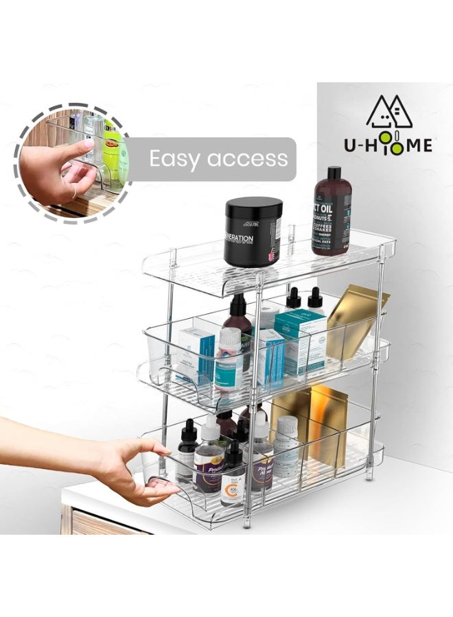 U-HOOME 3-Tier Bathroom Under Sink Organizers and Storage, Multi-Purpose Stackable Pantry Organization and Storage, Pull Out Clear Kitchen Bathroom Cabinet Organizer with Movable Dividers - Image 4