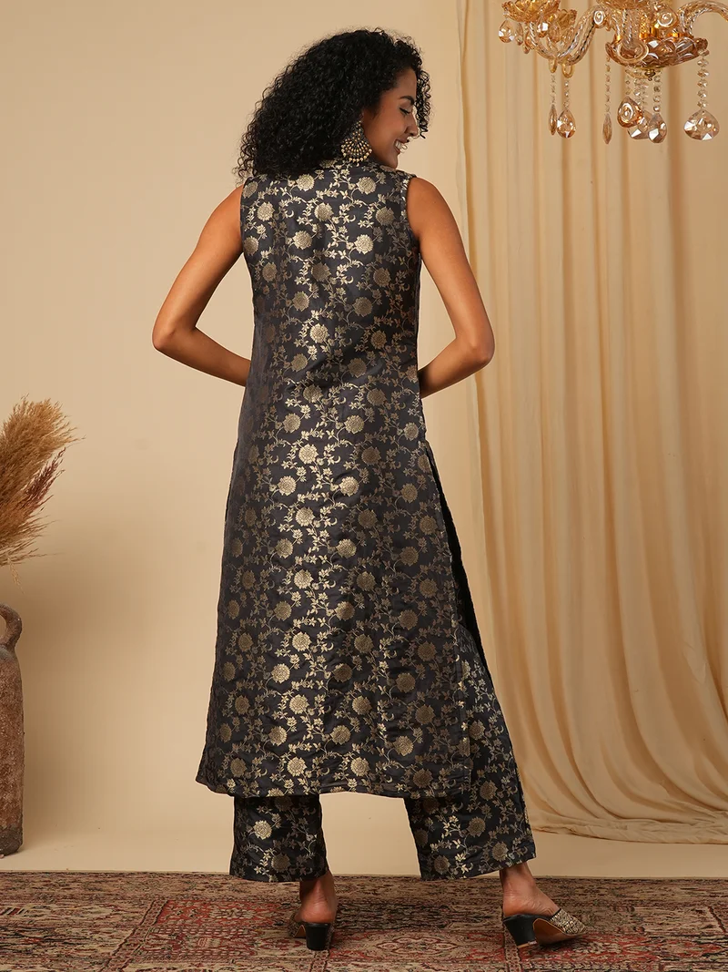 globus Women Woven Design Notch Lapel Sleeveless Brocade Inner Crop Top & Trouser With Jacket