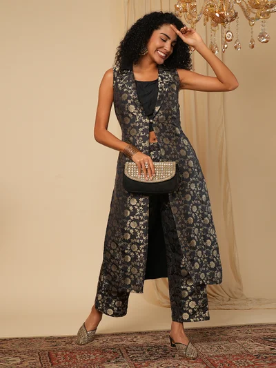 globus Women Woven Design Notch Lapel Sleeveless Brocade Inner Crop Top & Trouser With Jacket