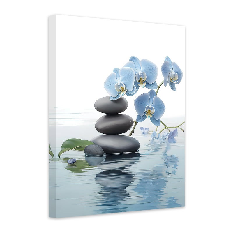 CCWACPP Zen Wall Art Spa Stone and Elegant Blue Orchid Flower on the Water Picture Canvas Prints Artwork Relax Zen Spa Meditation Room Decor (12x18inch) - Image 1