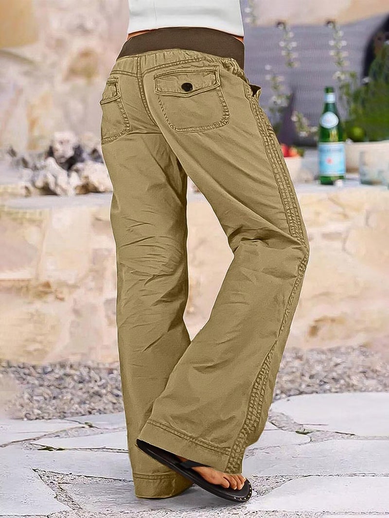 Flamingals Straight Leg Pants for Women Drawstring Waist Mid Rise Casual Solid Seam Detail Pants Light Khaki XS - Image 2