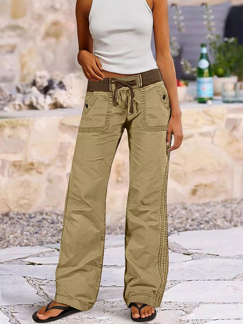 Flamingals Straight Leg Pants for Women Drawstring Waist Mid Rise Casual Solid Seam Detail Pants Light Khaki XS - Image 3