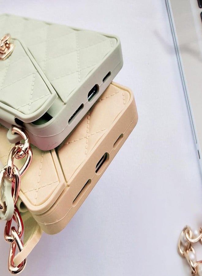 أوميو جراب محفظة فاخر من أوميو لهاتف آيفون 16 برو ماكس، مزود بحامل بطاقات وسلسلة طويلة مزينة باللؤلؤ، مع حبل كتف وحزام معصم، وغطاء حقيبة يد من السيليكون الناعم، مناسب للنساء والفتيات، باللون الذهبي. - Image 5