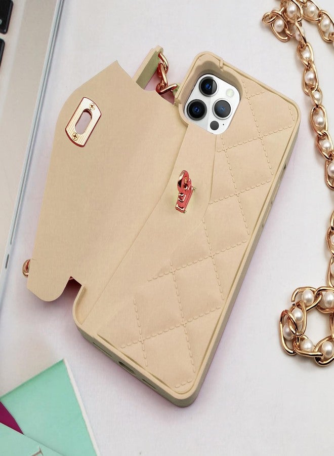 أوميو جراب محفظة فاخر من أوميو لهاتف آيفون 16 برو ماكس، مزود بحامل بطاقات وسلسلة طويلة مزينة باللؤلؤ، مع حبل كتف وحزام معصم، وغطاء حقيبة يد من السيليكون الناعم، مناسب للنساء والفتيات، باللون الذهبي. - Image 2