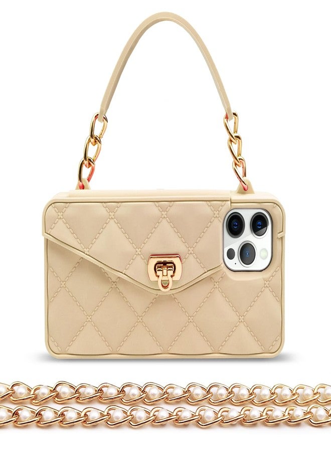 أوميو جراب محفظة فاخر من أوميو لهاتف آيفون 16 برو ماكس، مزود بحامل بطاقات وسلسلة طويلة مزينة باللؤلؤ، مع حبل كتف وحزام معصم، وغطاء حقيبة يد من السيليكون الناعم، مناسب للنساء والفتيات، باللون الذهبي. - Image 1