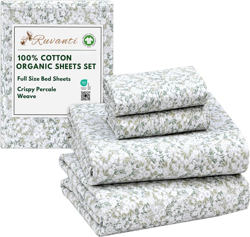 Ruvanti 100% Organic Cotton Sheets Full Size, Percale Weave, GOTS Certified, 4-Piece Set, Deep Pocket 15", Crisp & Breathable, Soft Durable Bedding, Sábanas Algodón Orgánico – Floral Rush - Image 1