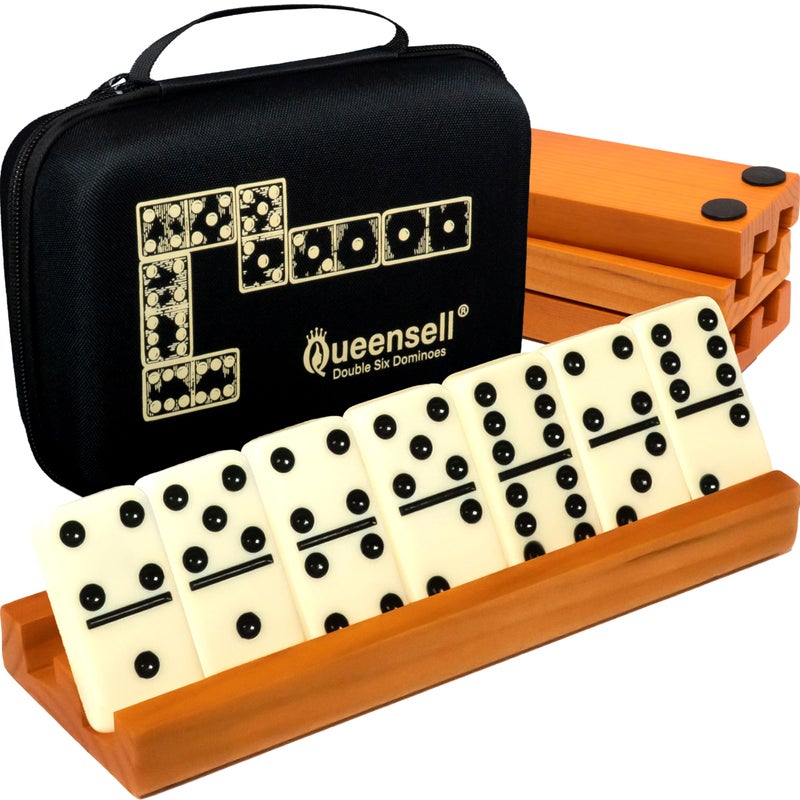 Queensell Dominos Set for Adults with 4 Domino Racks - Double 6 Dominoes Set with Domino Holder, Classic Board Games for Kids and Adults - Double Six Standard Dominos Set 28 Tiles with Travel Case - Image 1