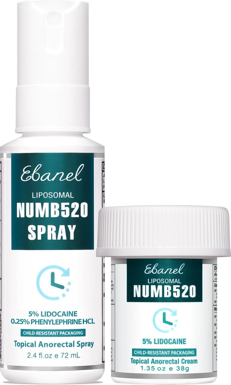 مجموعة Ebanel من كريم التخدير 5% ليدوكائين ورذاذ تخفيف الألم 5% ليدوكائين لرذاذ التخدير على الجلد، أقصى قوة مخدر موضعي لتخفيف الألم والحرق والحكة للاستخدامات المحلية والشرجية