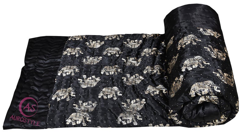 AUROSTYLE Rajasthani Cotton Filled Light Weight Silk Soft Jaipuri AC Quilt Dohar Over All Floral Print Design Blankets for Home (85x100 Inch,Black Elephant Print, Double Bed) - Image 3