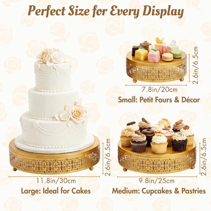 Youeon Gold Round Cake Stand Set of 3, 12/10/8 Inch Metal Hollow Cake Pedestals with Low Feet, Dessert Display Stands for Wedding, Birthday, Party, Anniversary & Holiday Entertaining - Image 2