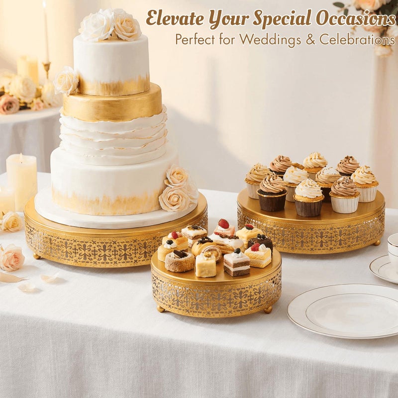 Youeon Gold Round Cake Stand Set of 3, 12/10/8 Inch Metal Hollow Cake Pedestals with Low Feet, Dessert Display Stands for Wedding, Birthday, Party, Anniversary & Holiday Entertaining - Image 5