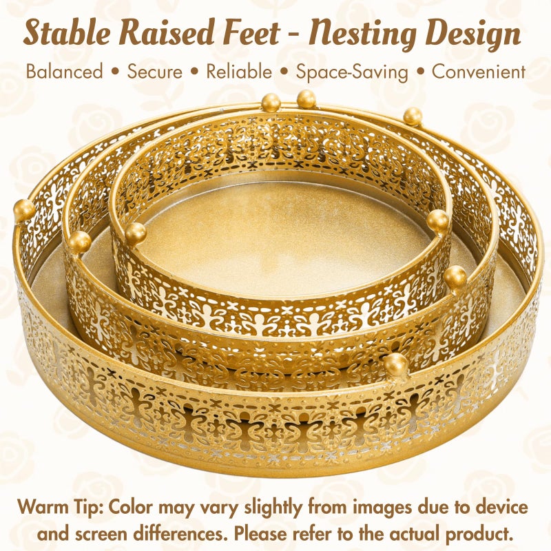 Youeon Gold Round Cake Stand Set of 3, 12/10/8 Inch Metal Hollow Cake Pedestals with Low Feet, Dessert Display Stands for Wedding, Birthday, Party, Anniversary & Holiday Entertaining - Image 3