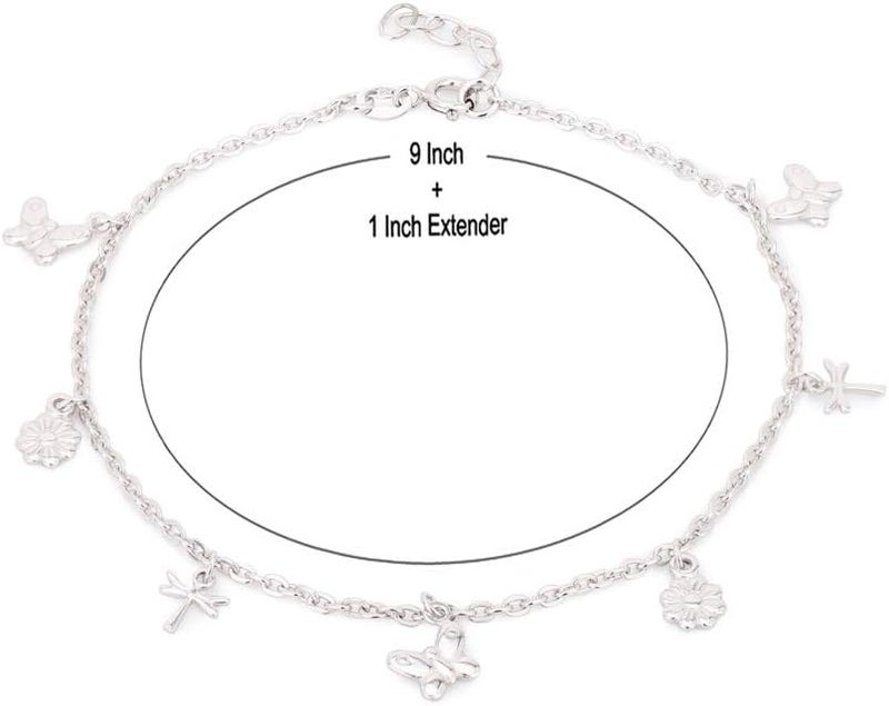Vanbelle Store Sterling Silver Jewelry - Rhodium Plated 925 Stamp - Dangling Multi-Charm Anklet - Foot Jewelry Stylish Beautifully Designed - 9" Long + 1" Extender - Image 4