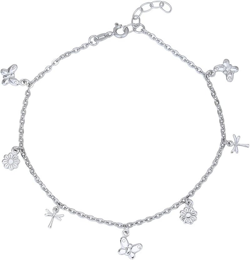 Vanbelle Store Sterling Silver Jewelry - Rhodium Plated 925 Stamp - Dangling Multi-Charm Anklet - Foot Jewelry Stylish Beautifully Designed - 9" Long + 1" Extender - Image 1