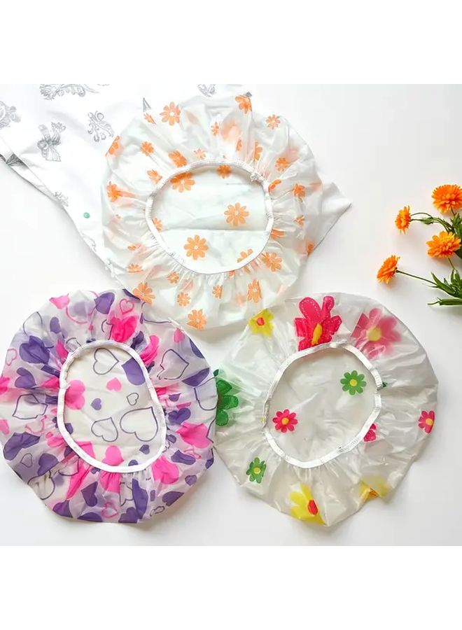 3 Random Reusable Printed Shower Caps With Elastic Strap For Women Salon Use - Image 2