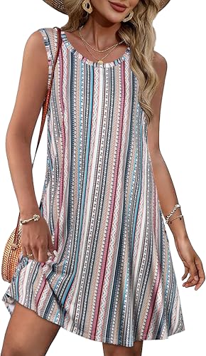 elescat Summer Dresses for Women Boho Casual Swing Sleeveless Tshirt Party Sundress(Bohemian Stripe,M) - Image 1