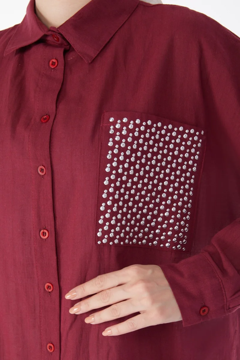 Tofisa Plain Shirt Collar Women's Burgundy Pocket Stone Detailed Tunic - 13168