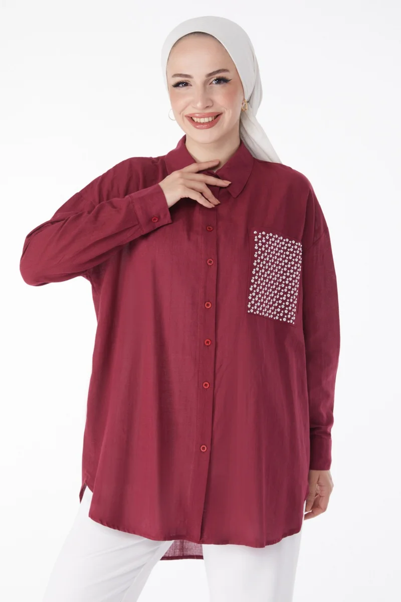 Tofisa Plain Shirt Collar Women's Burgundy Pocket Stone Detailed Tunic - 13168