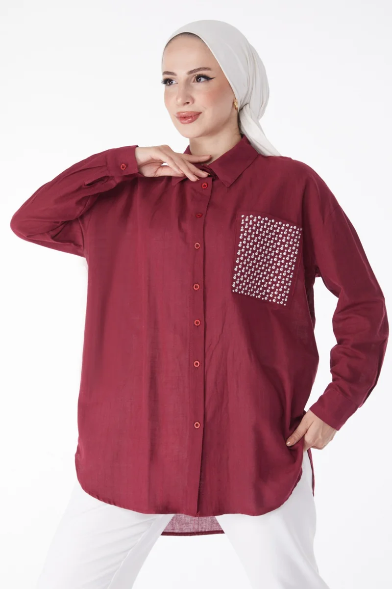 Tofisa Plain Shirt Collar Women's Burgundy Pocket Stone Detailed Tunic - 13168