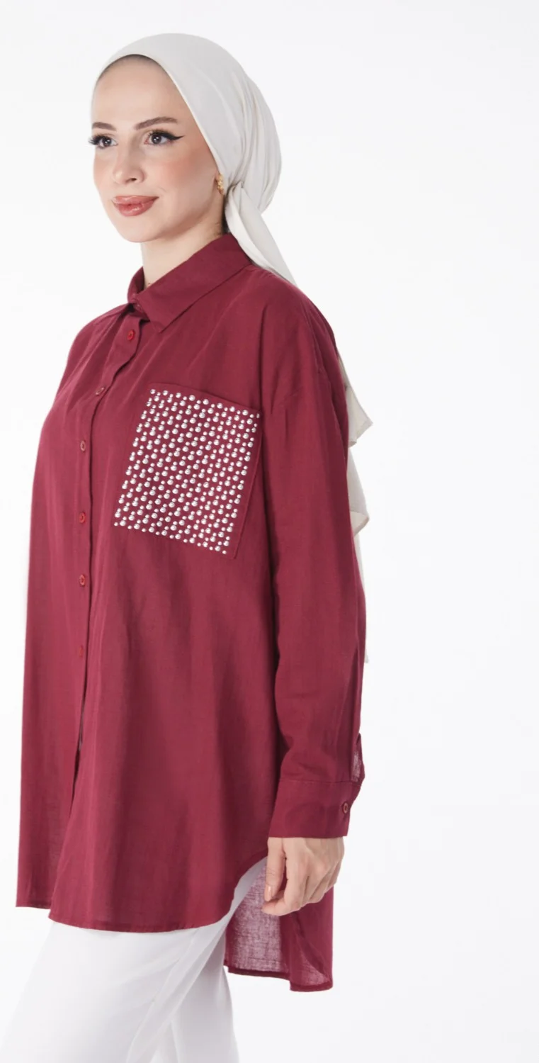 Tofisa Plain Shirt Collar Women's Burgundy Pocket Stone Detailed Tunic - 13168