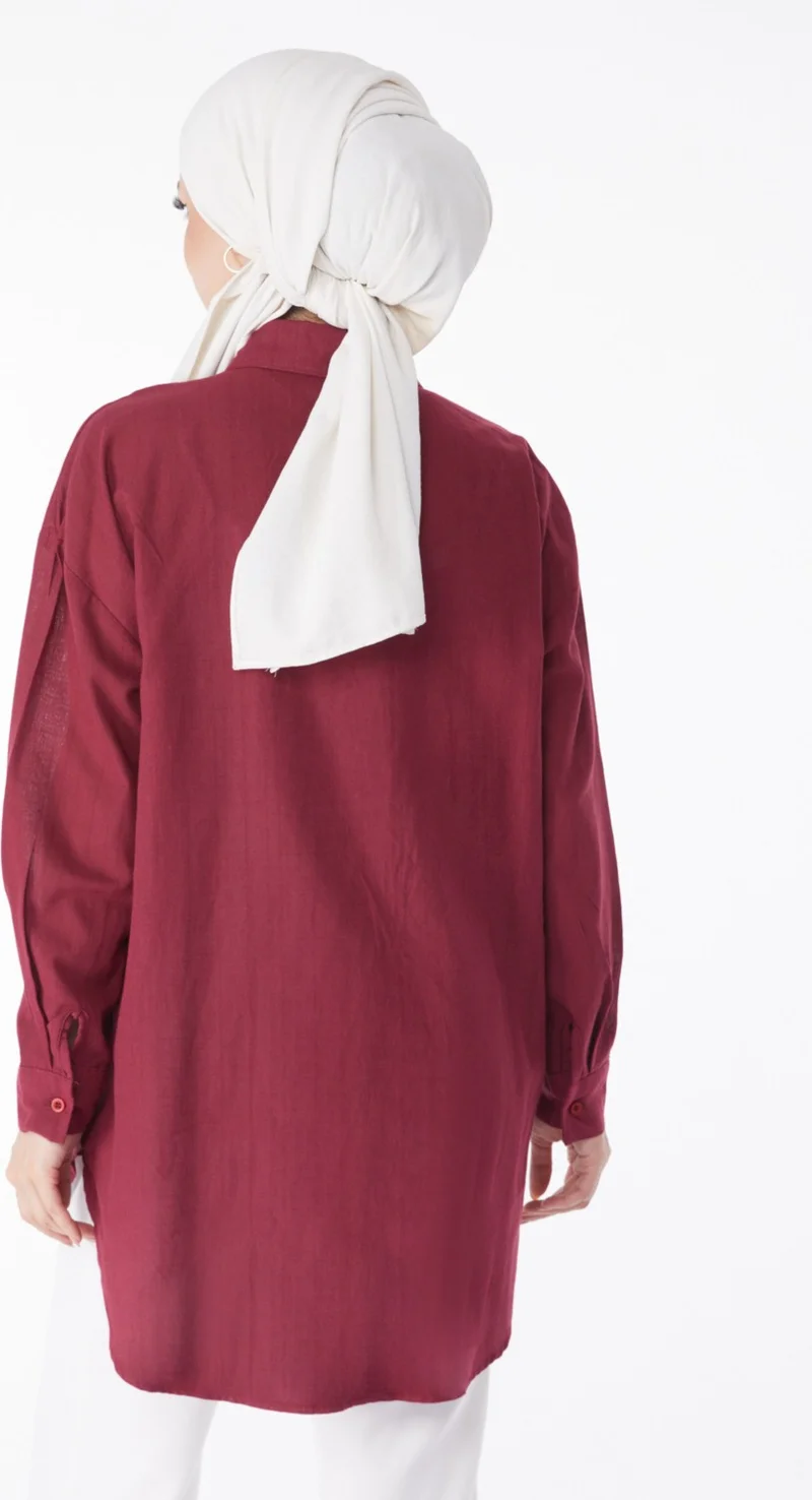 Tofisa Plain Shirt Collar Women's Burgundy Pocket Stone Detailed Tunic - 13168