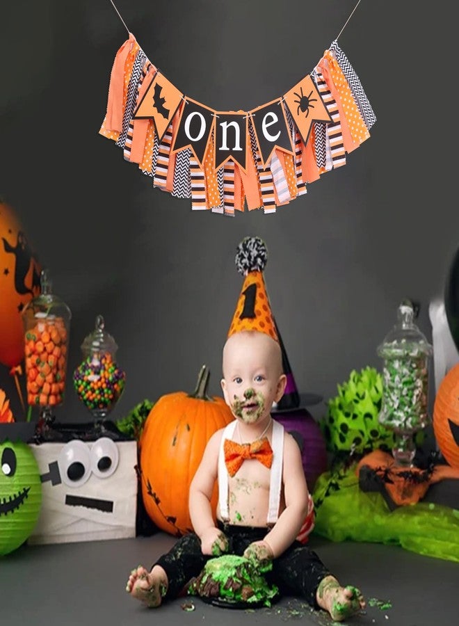 بيديد لافتة كرسي مرتفع لعيد الهالوين - لافتة كرسي مرتفع مخيفة لأعياد ميلاد الأولاد والبنات الأولى، زينة حفلات الهالوين، كعكة شبح سوداء وبرتقالية، دعامات صور لتحطيم الكعكة - Image 4